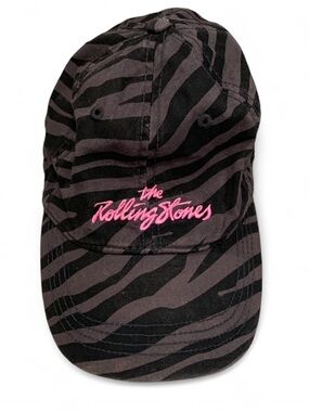 the Rolling Stones Black Zebra-Print Cap with Pink Script Logo